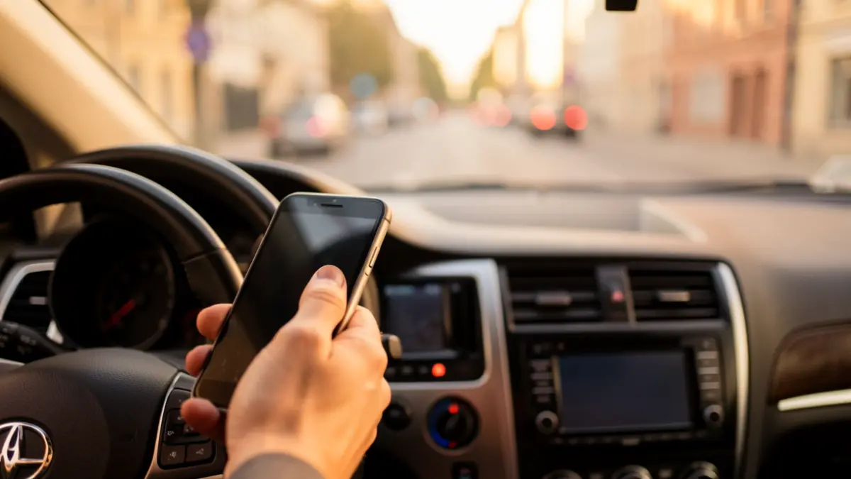 Close-up of a car's dashboard with a hand holding a smartphone, the road blurred in front.