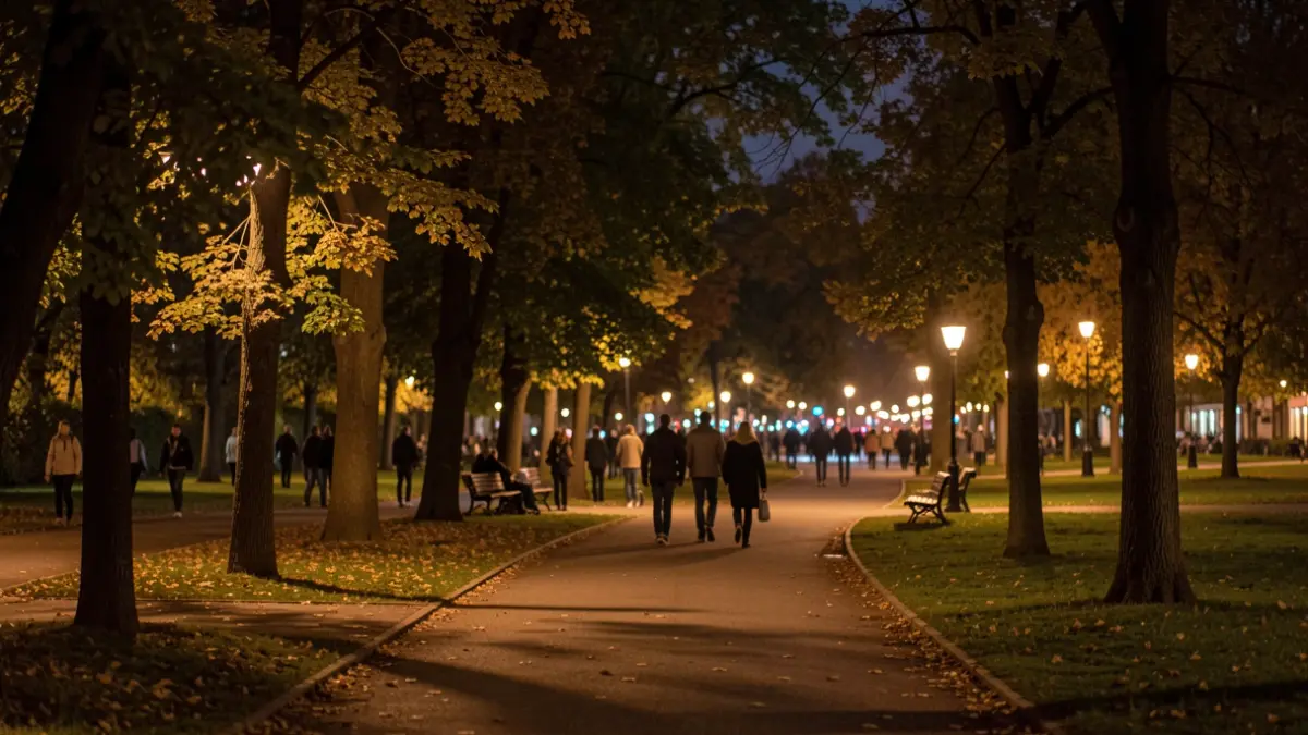 Generic image of an urban park illuminated at night.