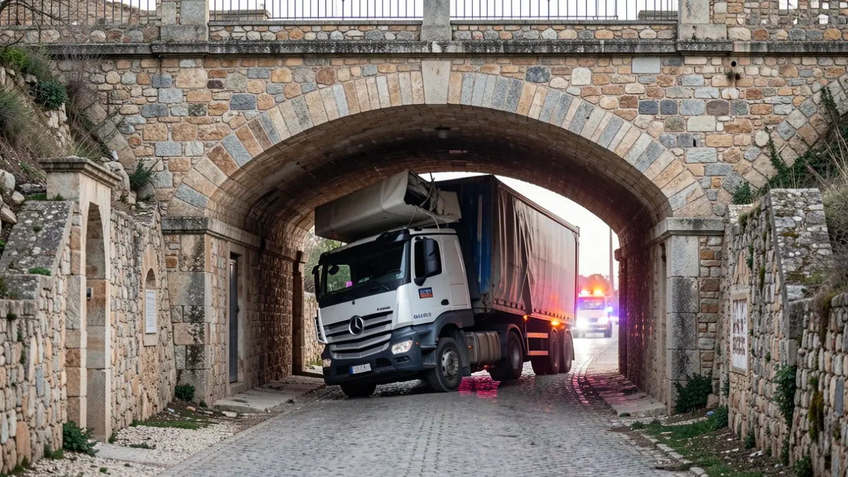 Un camió encastat sota un pont ferroviari a Cunit amb els serveis d'emergència treballant.