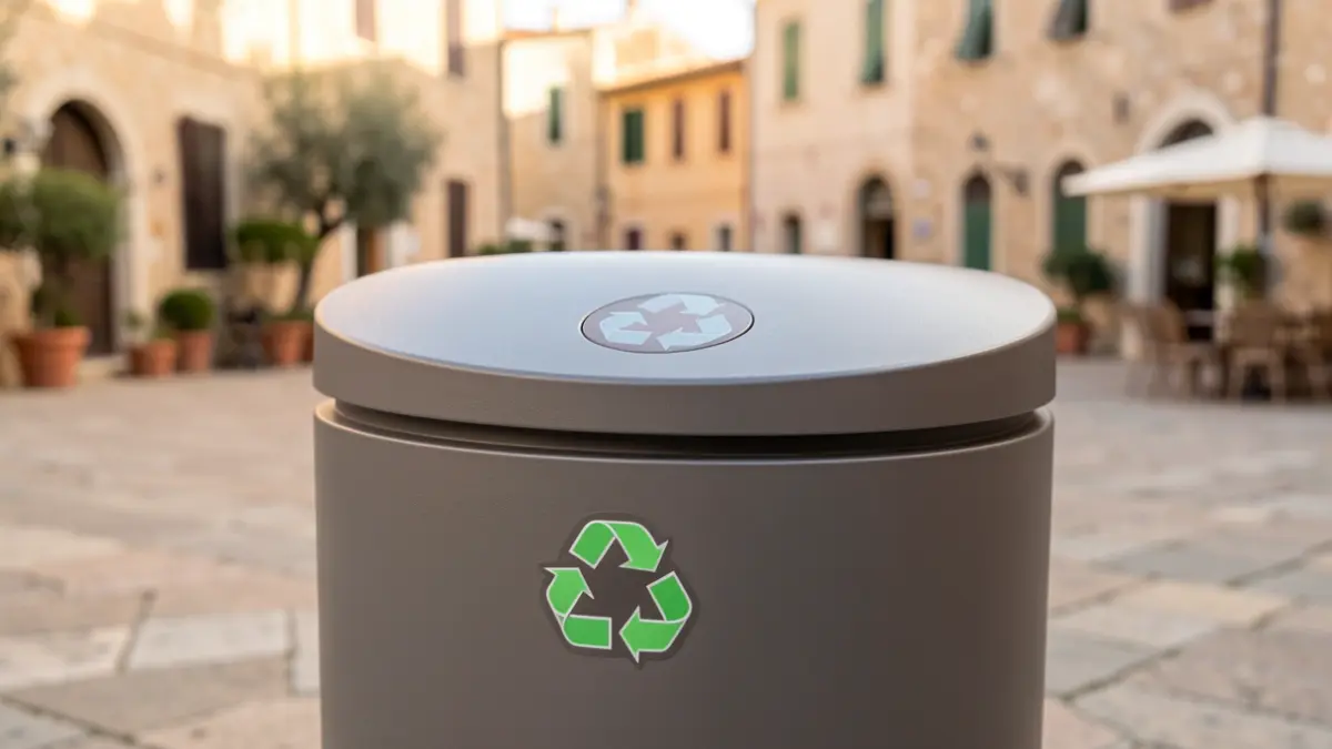 Contenidor de reciclatge tancat en un entorn urbà mediterrani.