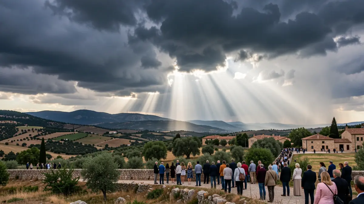 Cielo tormentoso sobre el paisaje catalán con rayos de sol.