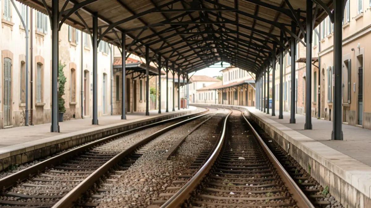 Generic image of an empty train station with tracks.