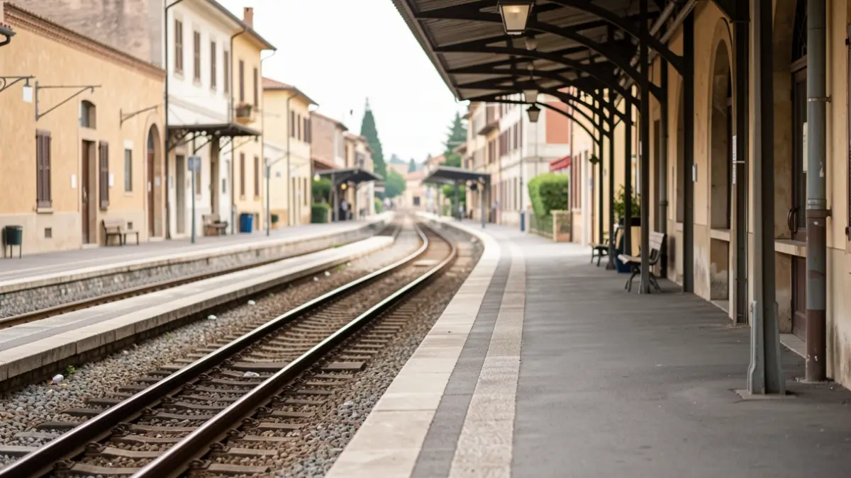 Generic image of an empty train station with tracks disappearing into the distance.