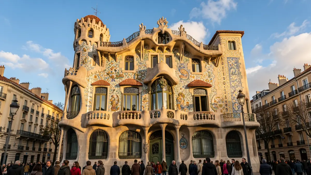 Fachada de la Casa Vicens de Gaudí decorada con azulejos cerámicos y chimeneas icónicas.