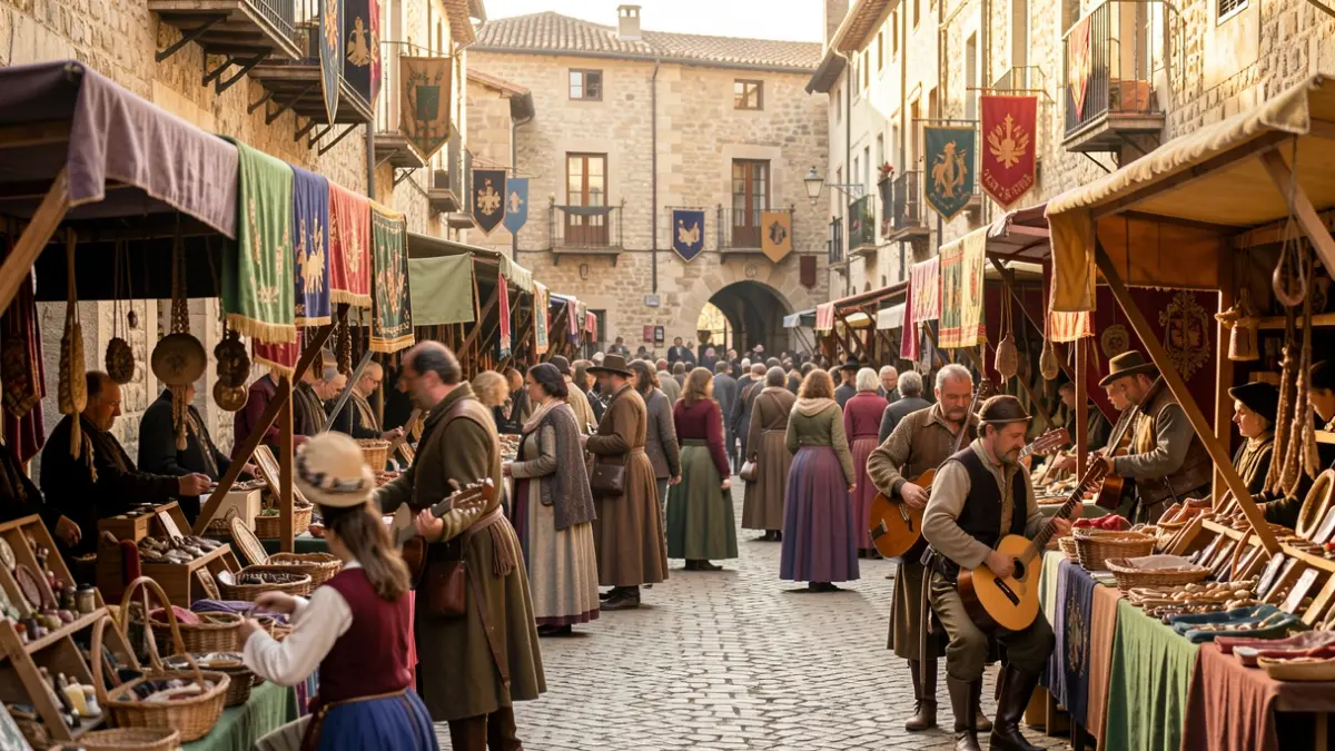 Imatge genèrica d'un mercat medieval amb parades i músics.