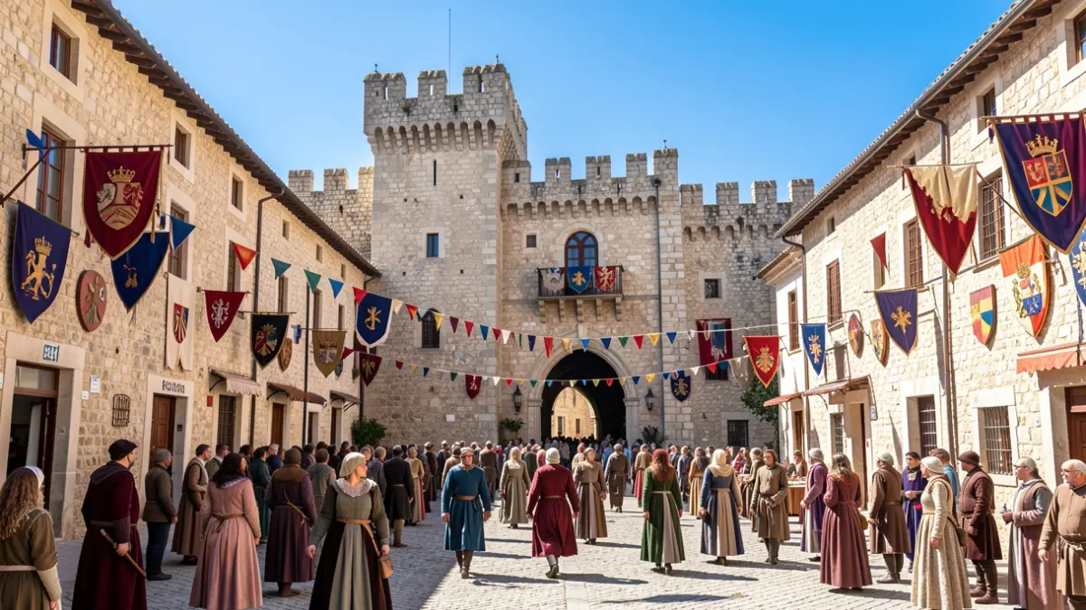 Imagen genérica de un mercado medieval en Castell d'Aro con ambiente festivo y arquitectura histórica.