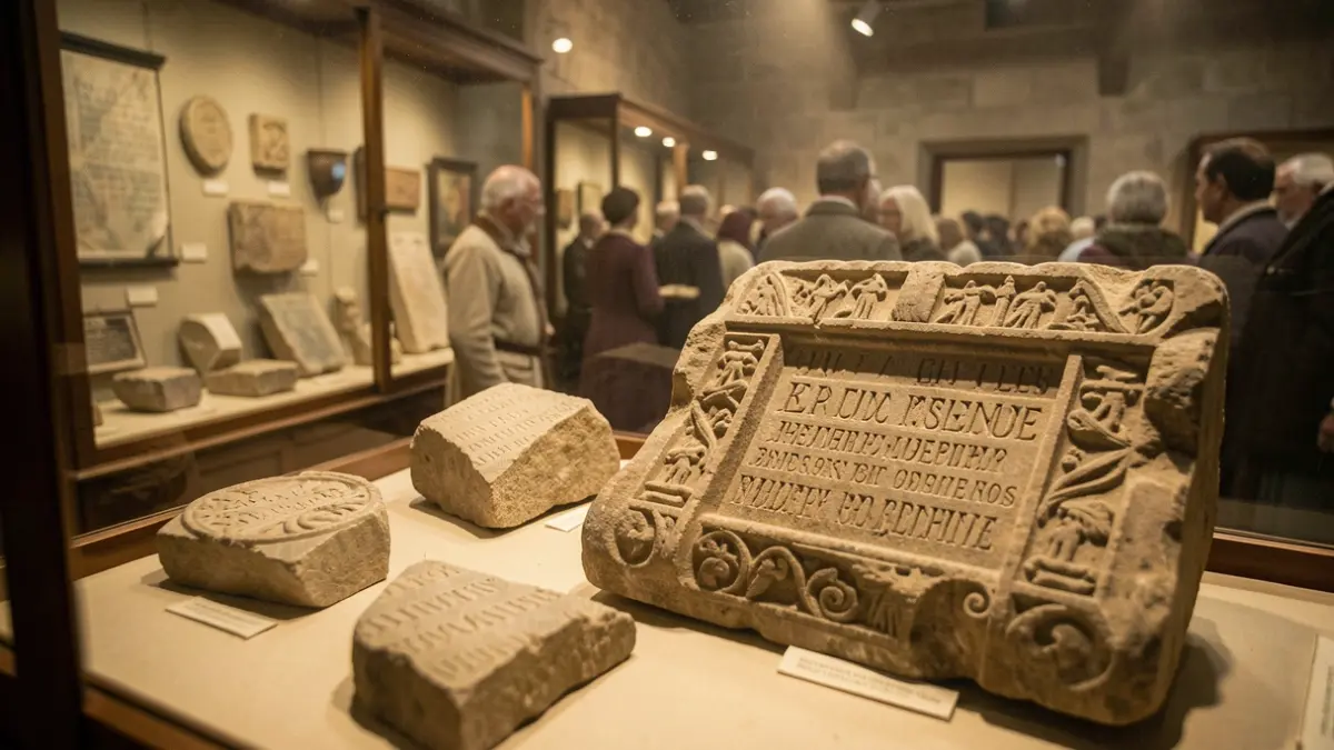 Detail of medieval stone fragments cataloged in a museum archive.