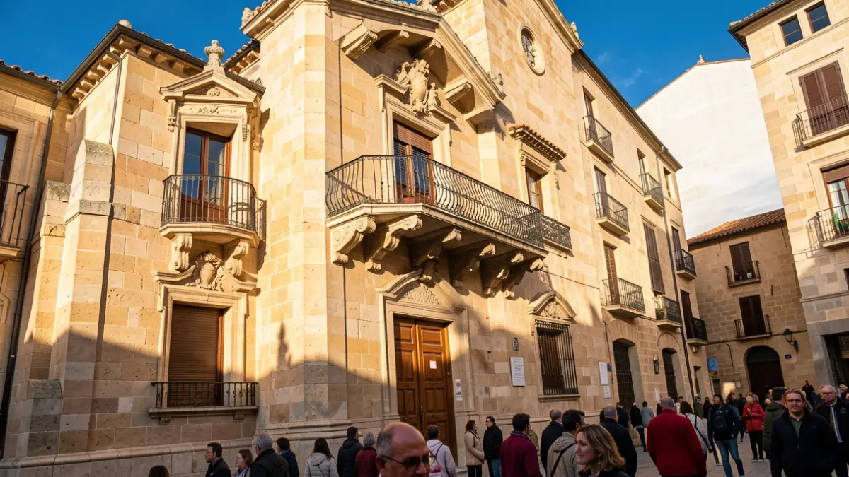 Town hall facade of Castelló d'Empúries with balcony and iron railings, warm afternoon light, and blue sky.