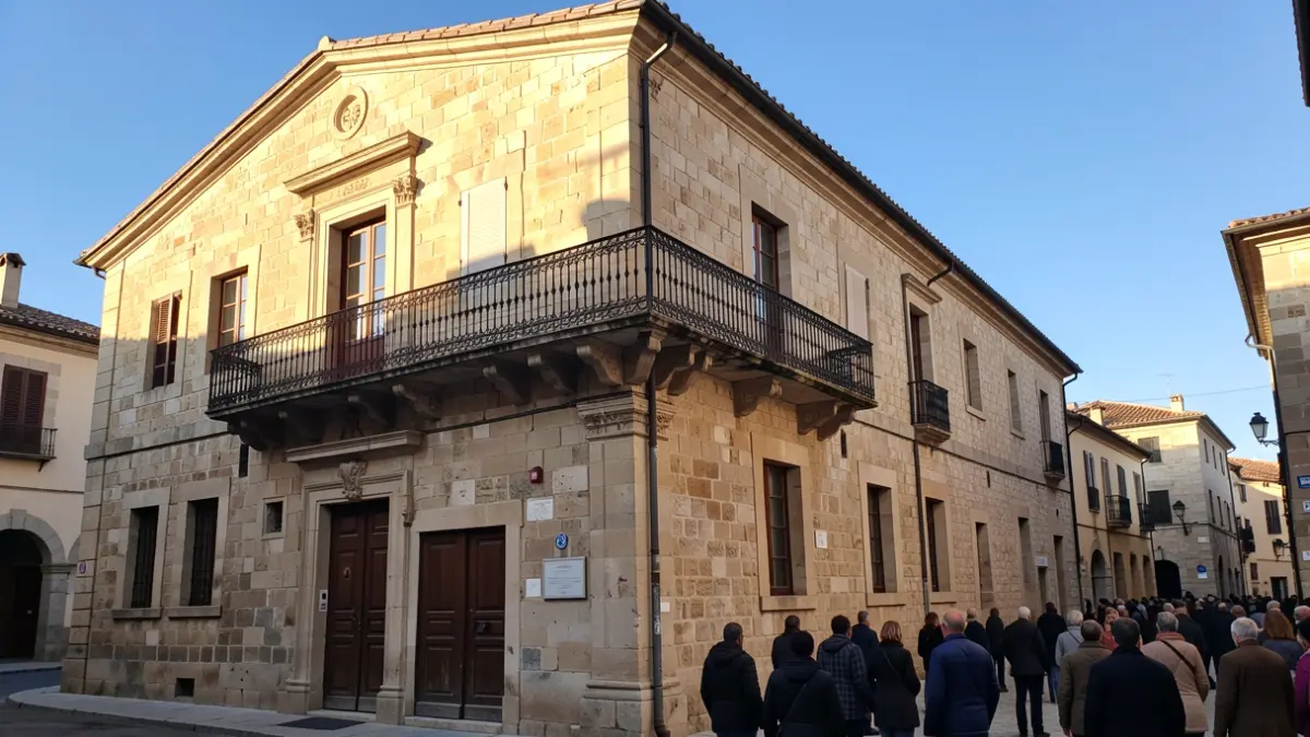 Generic image of a stone town hall facade with balcony and iron railings, warm afternoon light, and blue sky.