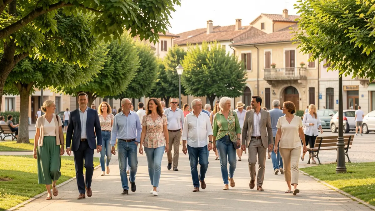 Imagen genérica de personas caminando en grupo en un entorno urbano mediterráneo.