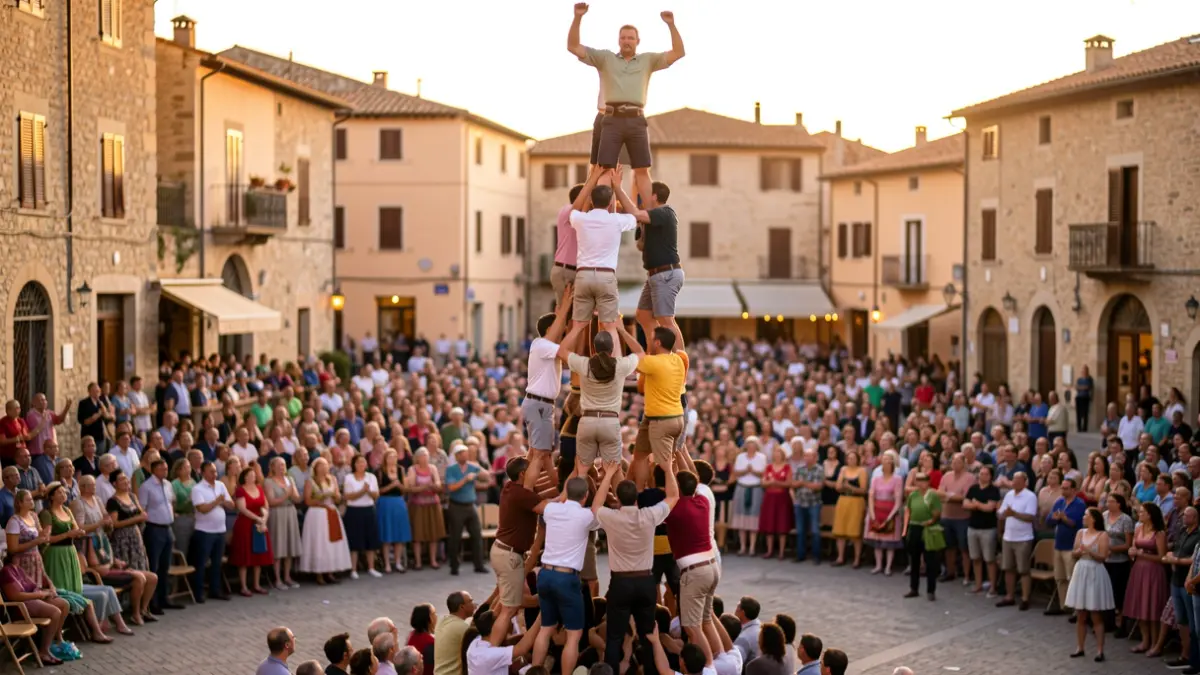 Imatge genèrica de castells humans en una plaça durant una diada.