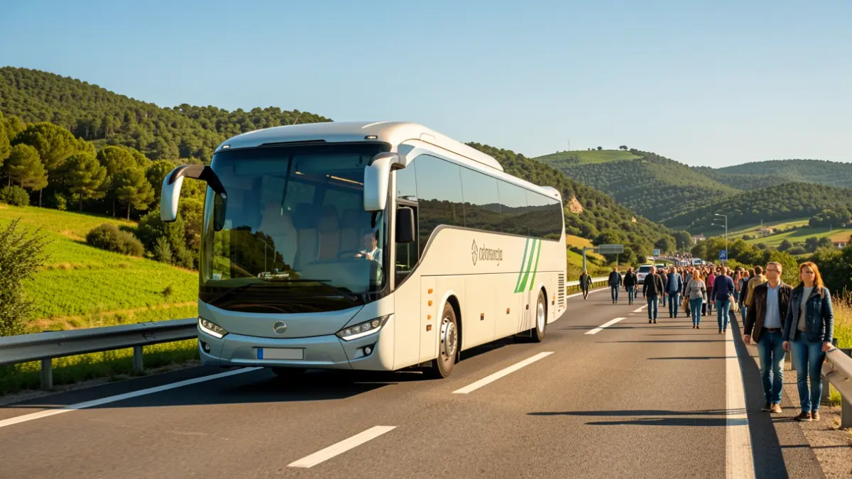 Autobús interurbà de baixes emissions circulant per una carretera de Catalunya.
