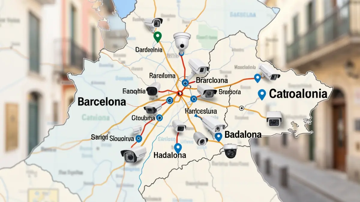 Mapa de cámaras de seguridad en Cataluña, con énfasis en Barcelona y Badalona.