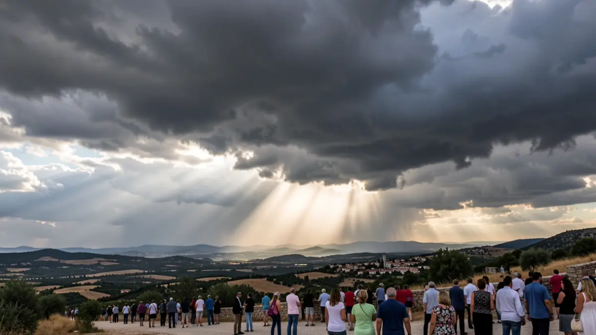 Cielo tormentoso sobre Catalunya con nubes oscuras y claros.