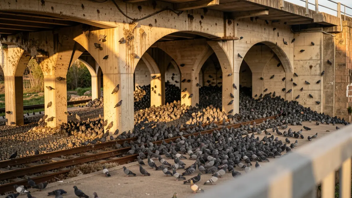 Hundreds of pigeons nesting under the arches of a railway bridge in Lleida.