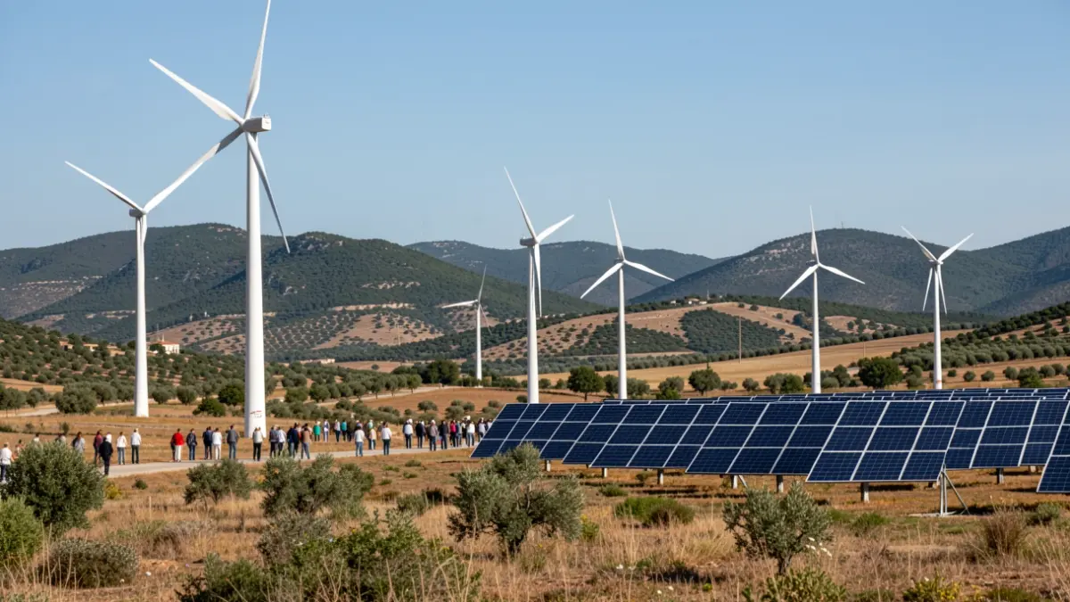 Imatge genèrica de turbines eòliques i panells solars en un paisatge rural.
