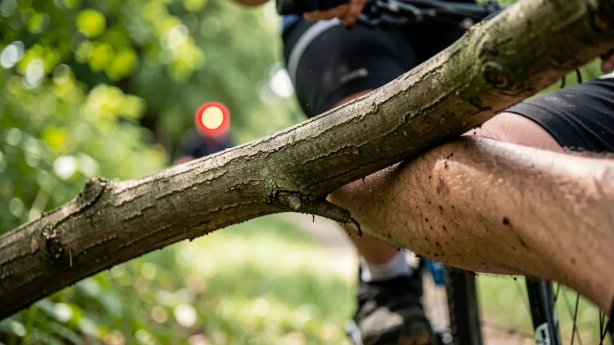 Generic image of a tree branch in contact with a cyclist's leg.