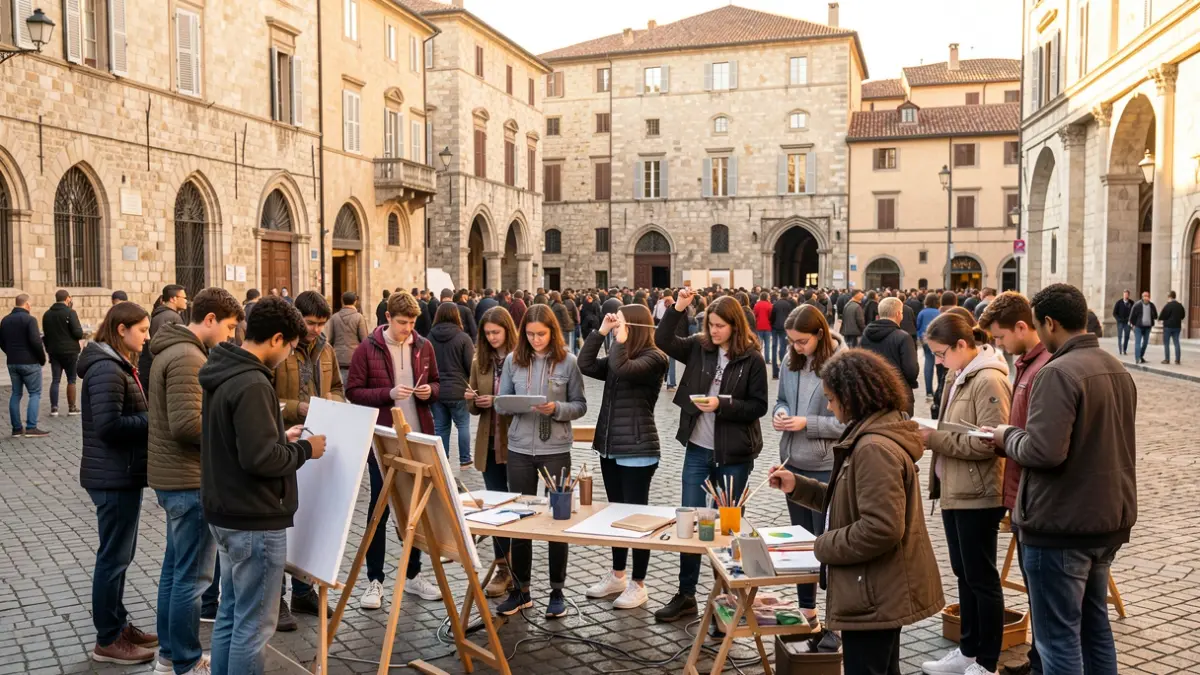 Imatge genèrica d'adolescents participant en un taller a l'aire lliure en una plaça històrica.