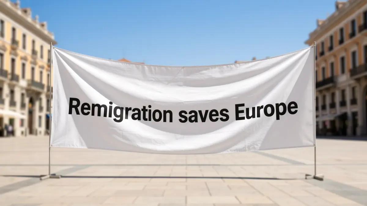 Generic image of a banner with a xenophobic slogan unfurled in a Barcelona square.