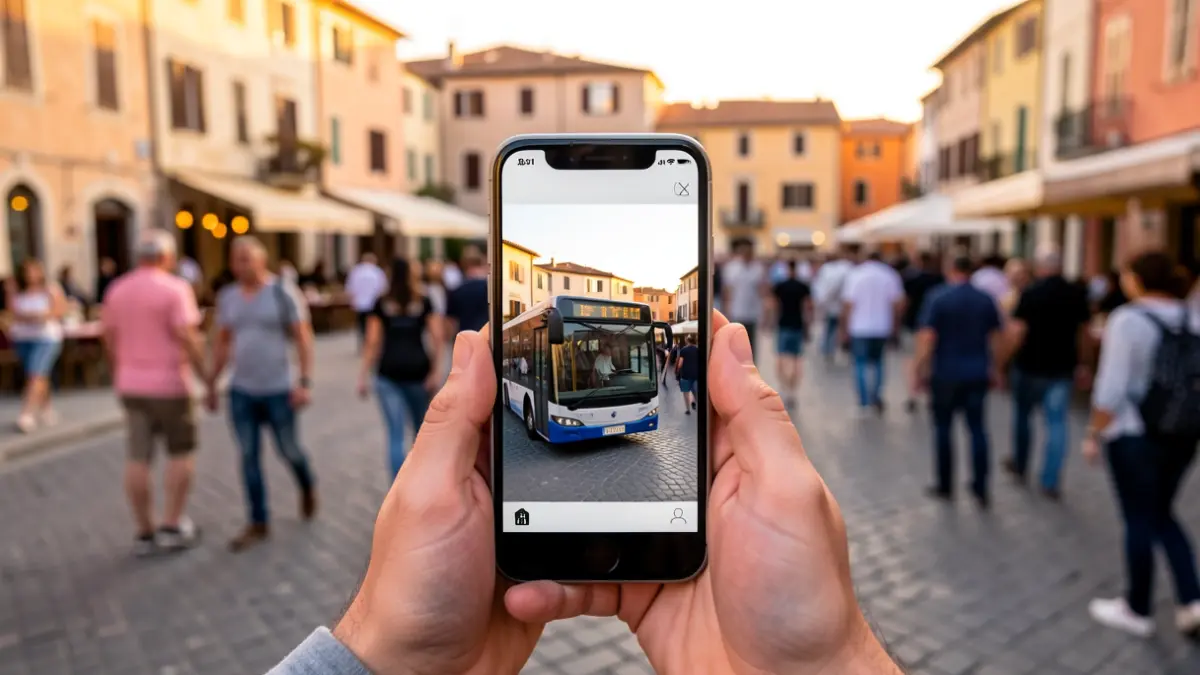Persona utilitzant un telèfon mòbil per fer una fotografia d'un transport públic.