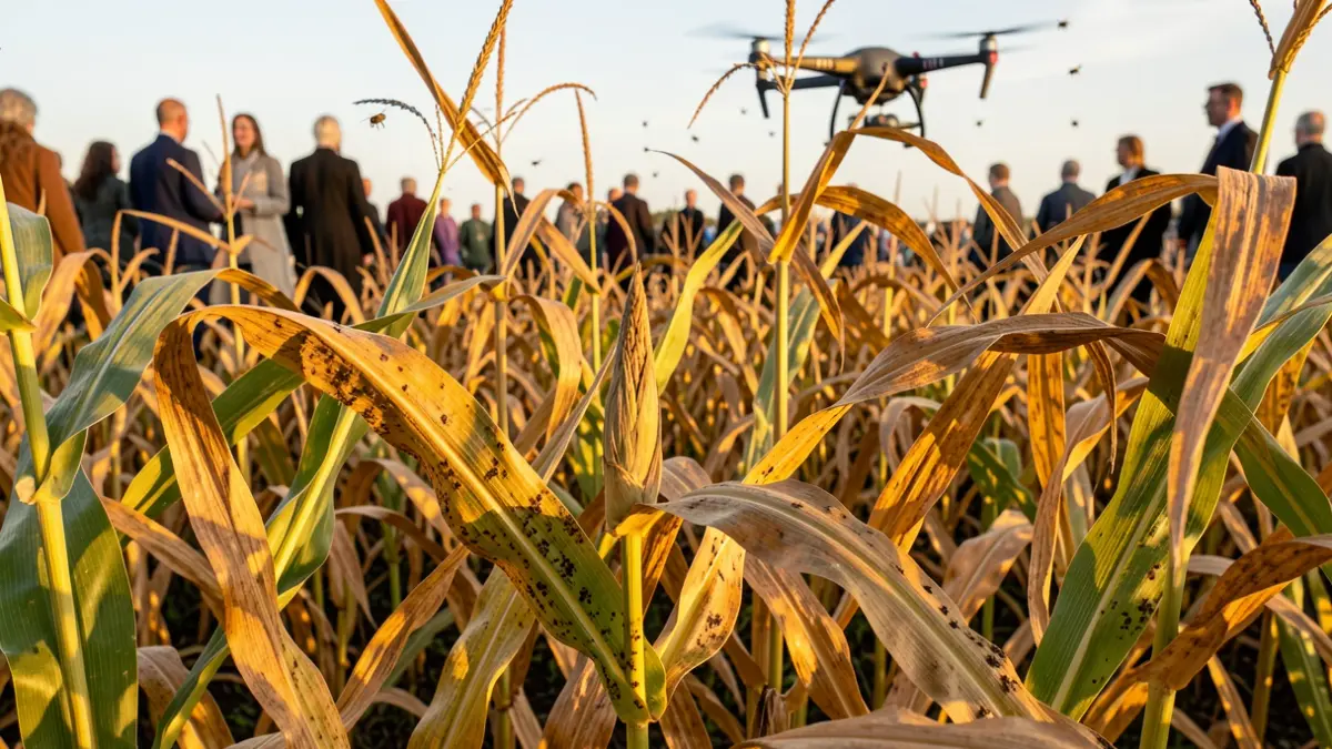Imagen genérica de campo de maíz afectado por plagas con un dron aplicando tratamiento biológico.