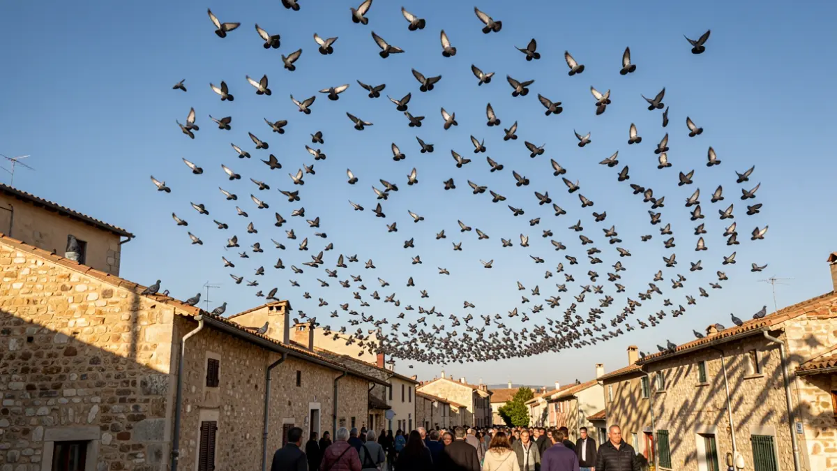 Generic image of pigeons flying over a Mediterranean town.
