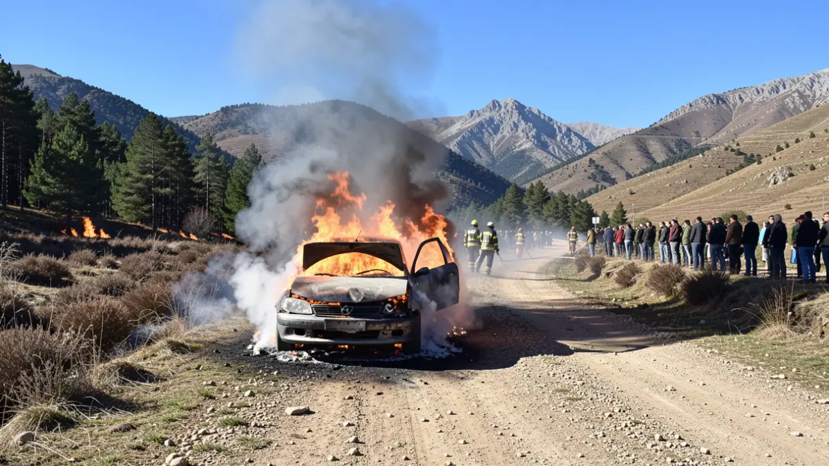 Generic image of a burning car in a forest area.
