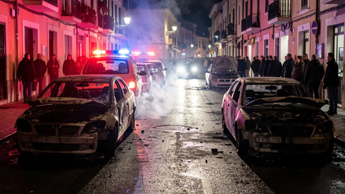 Generic image of burnt vehicles in a street at night with emergency lights.