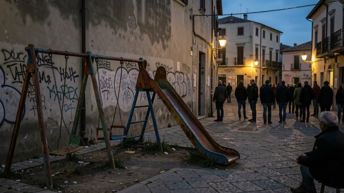 Parque infantil deteriorado al atardecer, con columpios rotos y tobogán oxidado.
