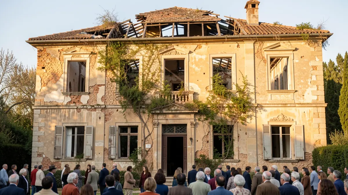 Facade of Cal Macià, a historic ancestral home in Vallmanya, showing signs of advanced decay.