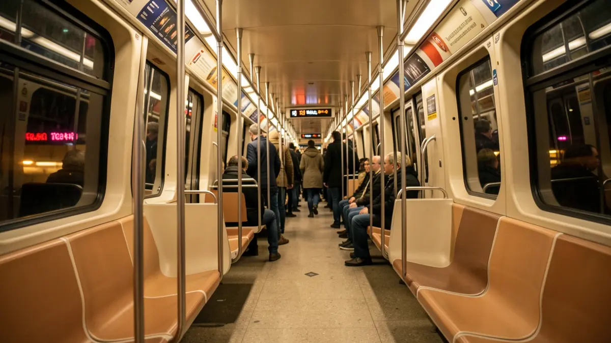 Interior d'un vagó de metro de Barcelona amb seients buits i llums d'estació difuminats.