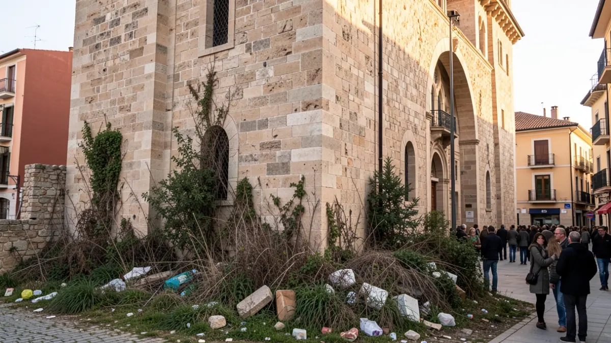 Entorno degradado de la Torre d'en Feu en Sabadell con suciedad y maleza.