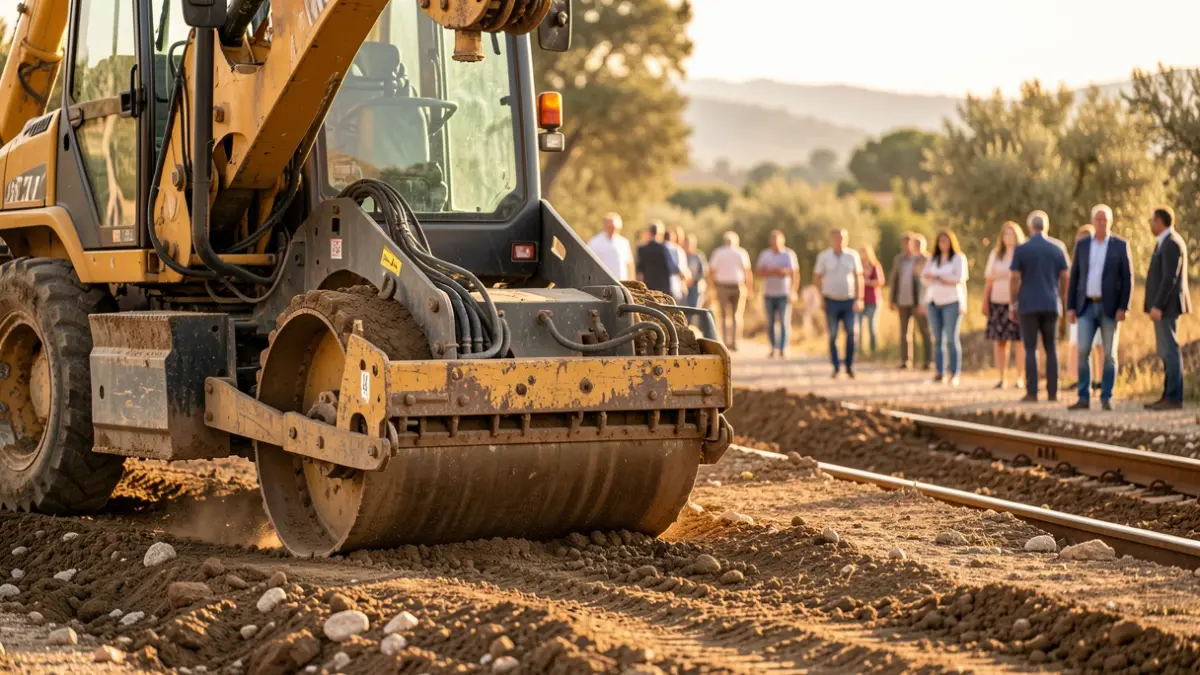 Imatge genèrica d'una màquina compactadora treballant en obres ferroviàries.