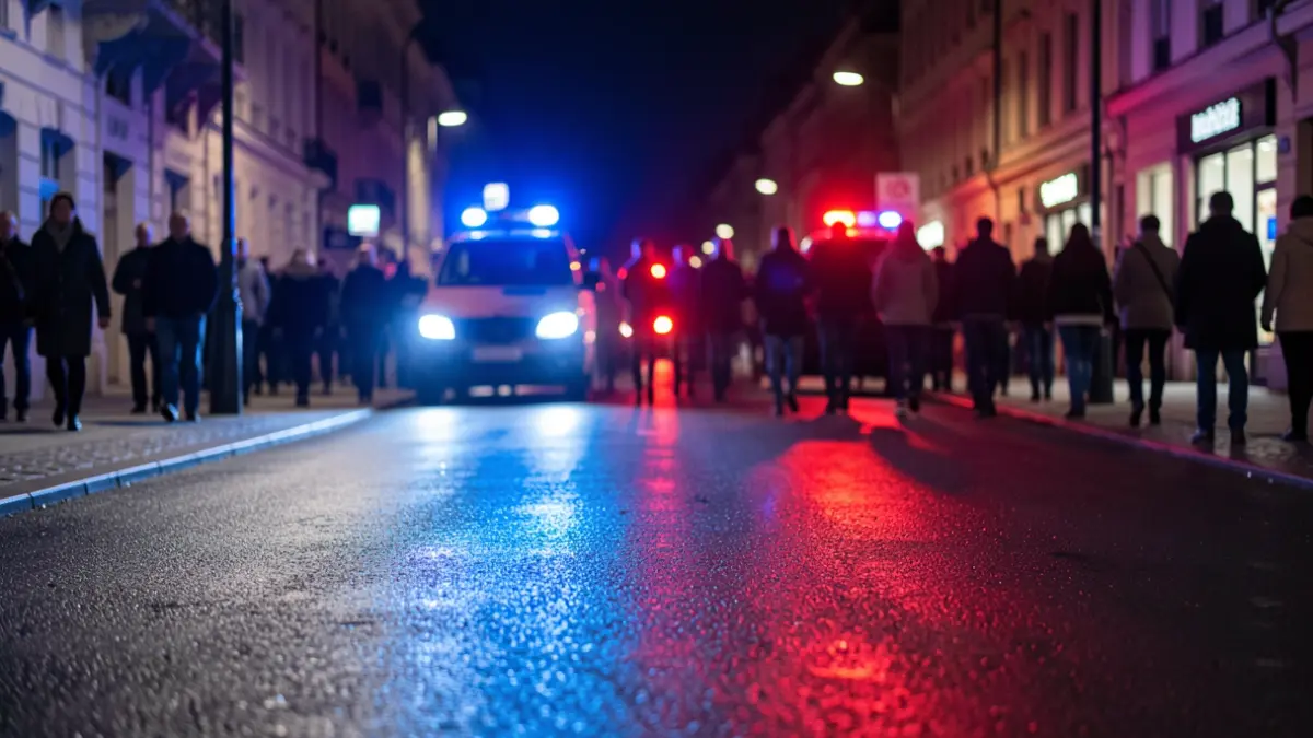 Generic image of police emergency lights reflecting on wet asphalt.