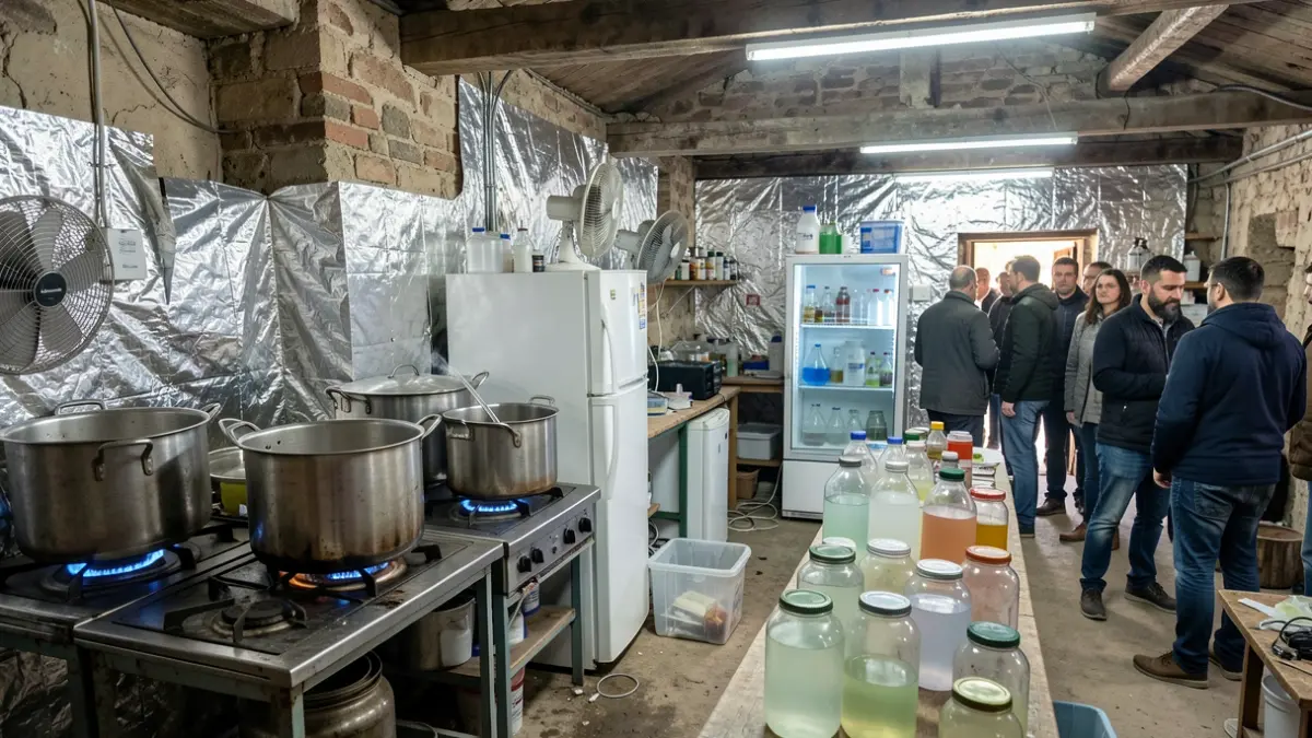 Clandestine drug laboratory in an isolated farmhouse in Catalunya.