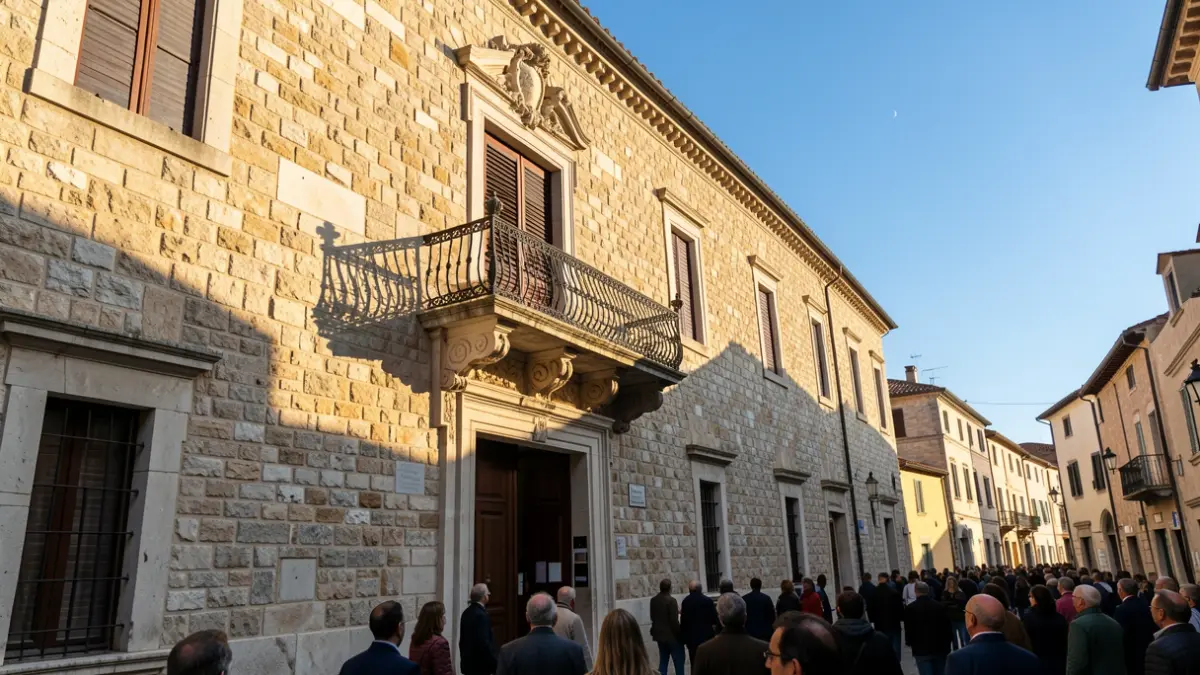Facade of a Mediterranean town hall with a balcony and iron railings, under the afternoon sunlight.