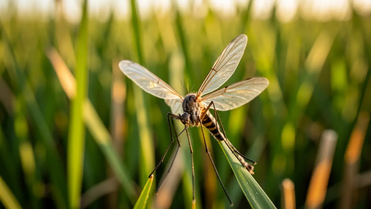 Mosquit sobre vegetació verda, símbol de la presència del virus del Nil occidental.