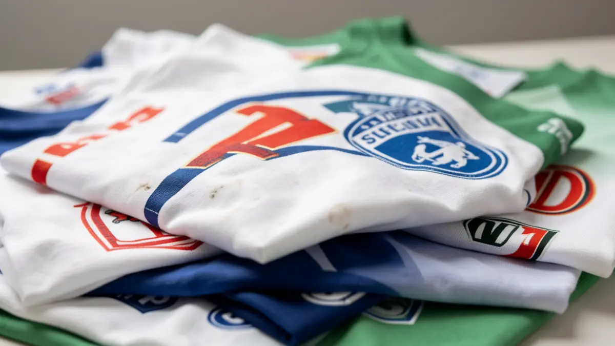 Imagen genérica de camisetas de fútbol con logotipos aparentemente falsificados.