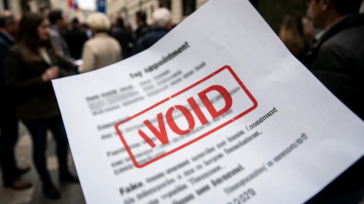 Image of a fake appointment confirmation document with a 'VOID' stamp.