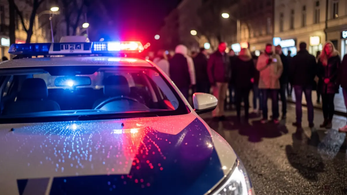 Imatge genèrica de llums d'emergència policials reflectint-se en asfalt mullat.