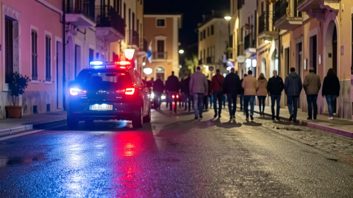 Imatge genèrica de llums d'emergència policials reflectint-se en asfalt mullat.