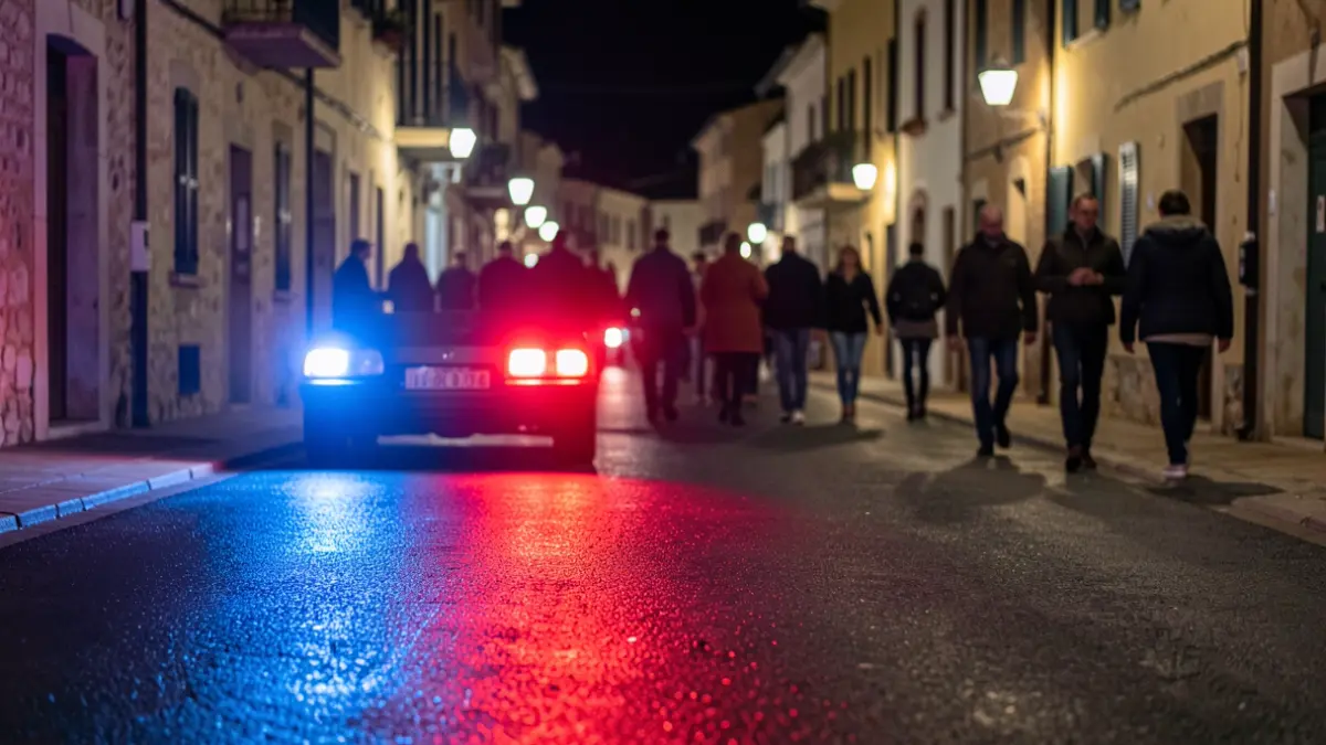 Imatge genèrica de llums d'emergència reflectint-se en asfalt mullat a la nit.