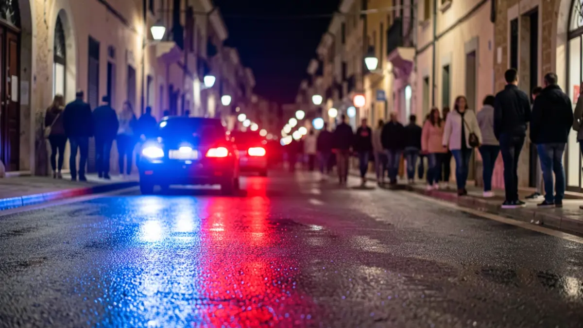 Imagen genérica de luces de emergencia policiales reflejándose en asfalto mojado.