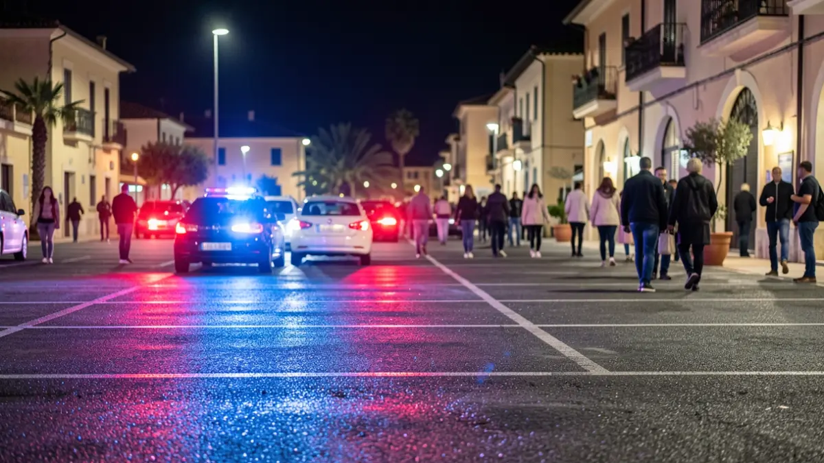 Imatge genèrica de llums d'emergència policials reflectint-se en asfalt mullat.