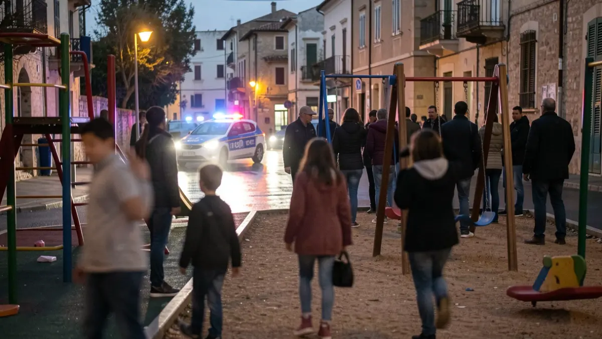 Generic image of a children's playground with police lights in the background.