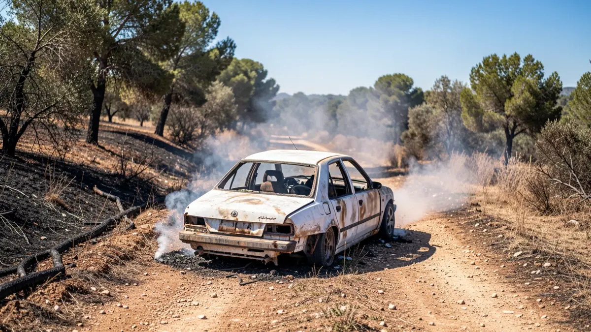 Image of a burnt-out car in a wooded area of Catalunya.