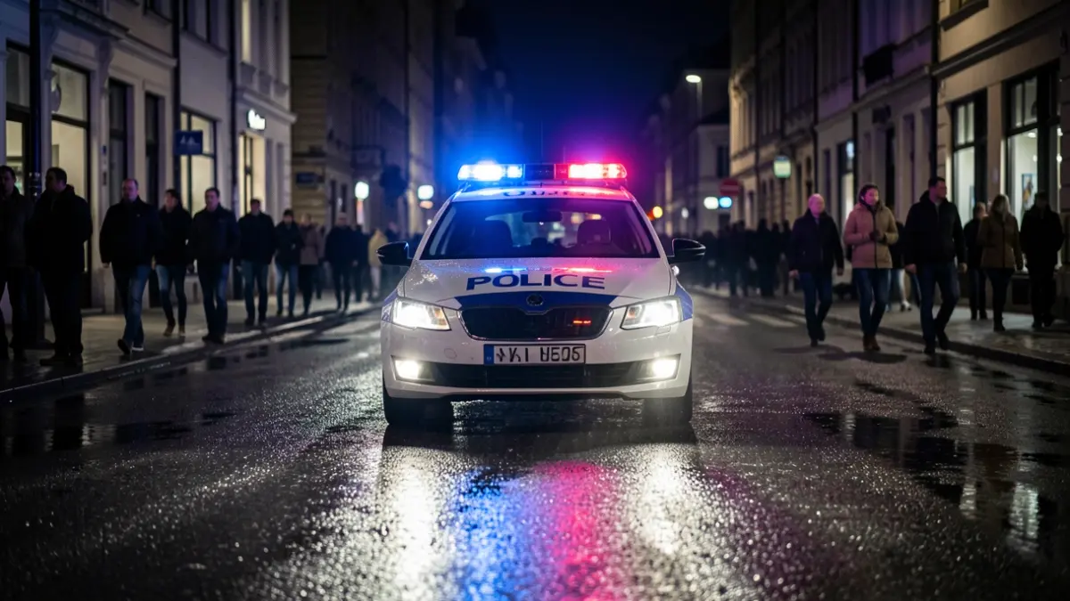 Imatge genèrica de llums d'emergència policial reflectides en asfalt mullat.