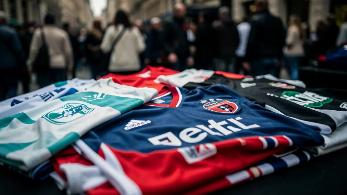 Imagen genérica de camisetas deportivas con logotipos difuminados.