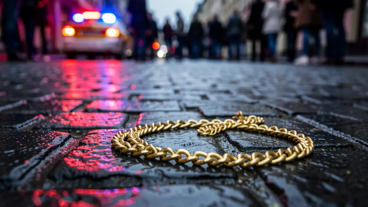 Cadena d'or sobre un carrer mullat amb llums d'emergència.