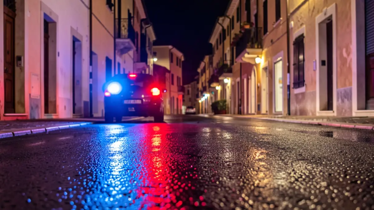 Imatge genèrica de llums d'emergència policials reflectint-se en asfalt mullat a la nit.
